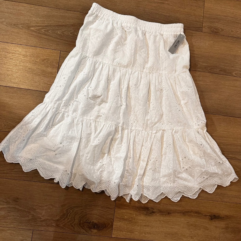 WD-NY White Eyelet Tiered Midi Skirt XL Cotton Embroidered Scallop Hem NWT